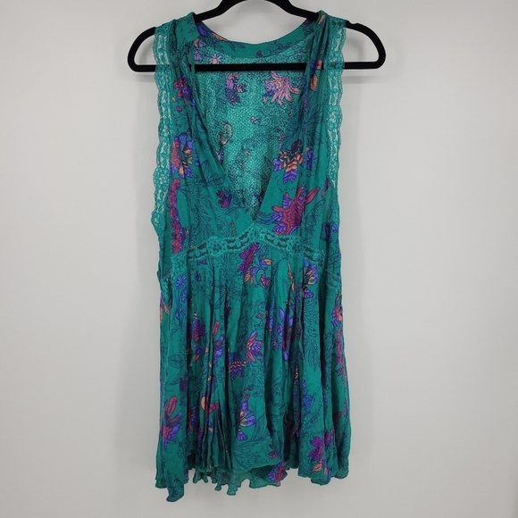 Free People Womens Teal Tropical Floral Chemise Slip Dress Size S.P - Picture 5 of 11